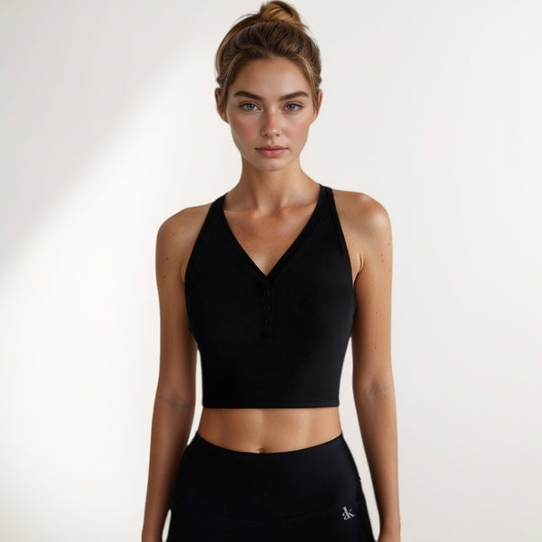 Anna Kaci Anna-Kaci Active Women's Longline V-Neck Sports Bra With Faux Button Detail And Wide Shoulder Straps For Low Impact Support