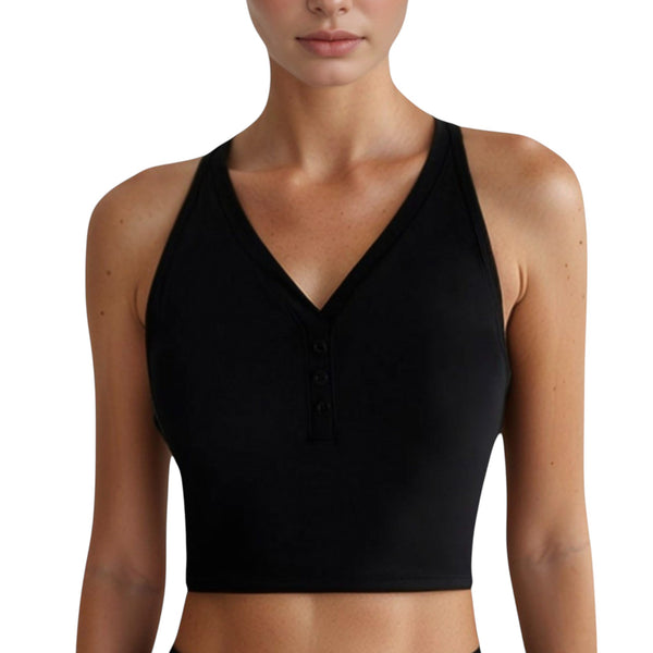 anna kaci Anna-Kaci Active Women's Longline V-Neck Sports Bra with Faux Button Detail and Wide Shoulder Straps for Low Impact Support