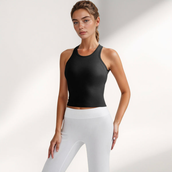 Anna Kaci Anna-Kaci Active Women's Ribbed Black High Neck Crop Tank Top For Active And Casual Wear