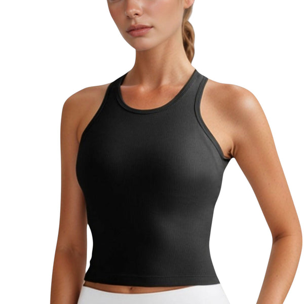 anna kaci Anna-Kaci Active Women's Ribbed Black High Neck Crop Tank Top for Active and Casual Wear