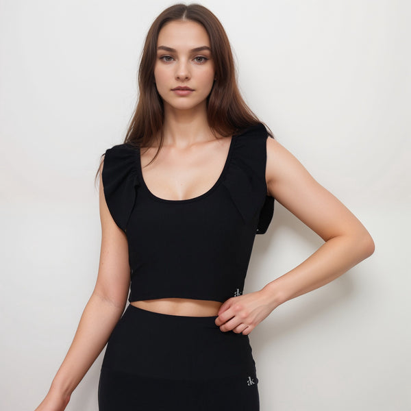 Anna Kaci Anna-Kaci Active Women's Ribbed Scoop Neck Crop Top With Flutter Shoulder Details And Seamless Fitted Design