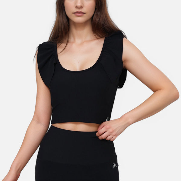 anna kaci Anna-Kaci Active Women's Ribbed Scoop Neck Crop Top with Flutter Shoulder Details and Seamless Fitted Design