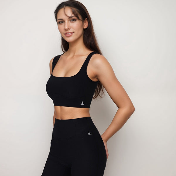 Anna Kaci Anna-Kaci Active Women's Ribbed Seamless Scoop Neck Crop Top With Wide Straps And Subtle Contour Stitching