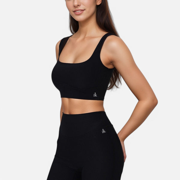anna kaci Anna-Kaci Active Women's Ribbed Seamless Scoop Neck Crop Top with Wide Straps and Subtle Contour Stitching