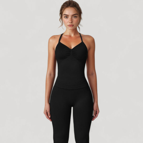 Anna Kaci Anna-Kaci Active Women's Seamless Padded Cami Tank Top With Ruched Front Detail And Adjustable Halter Straps - Small Gray