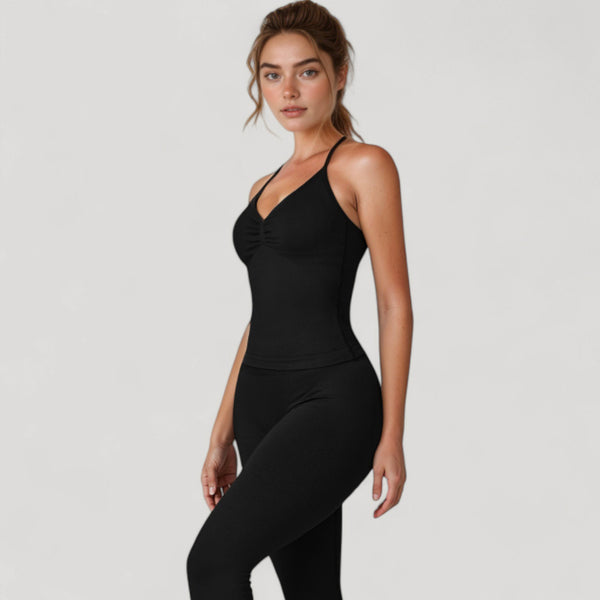 Anna Kaci Anna-Kaci Active Women's Seamless Padded Cami Tank Top With Ruched Front Detail And Adjustable Halter Straps - Small Gray