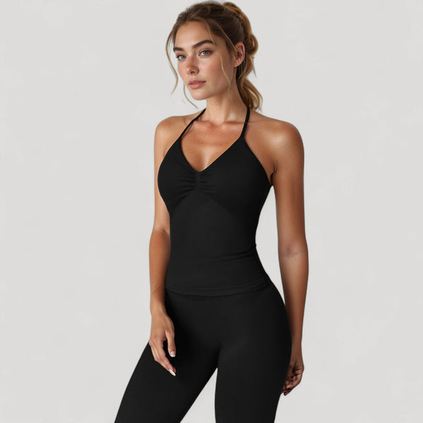 Anna Kaci Anna-Kaci Active Women's Seamless Padded Cami Tank Top With Ruched Front Detail And Adjustable Halter Straps - Small Gray