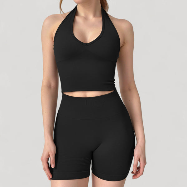 Anna Kaci Anna-Kaci Active Women's Seamless Ribbed Knit Halter Crop Top With V-Neckline And Built-In Support