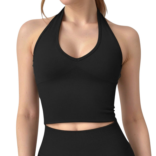 anna kaci Anna-Kaci Active Women's Seamless Ribbed Knit Halter Crop Top with V-Neckline and Built-In Support