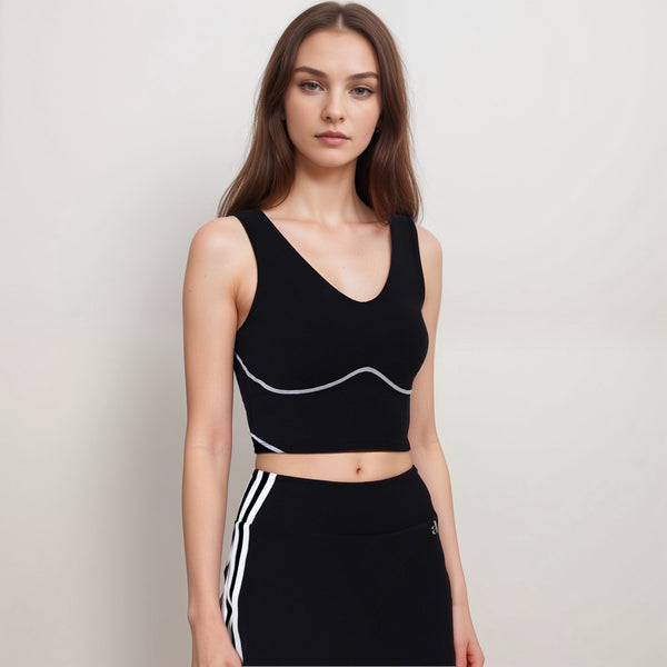 Anna Kaci Anna-Kaci Active Women's Seamless V-Neck Crop Top With Contour Stitching And Contrast Piping Detail
