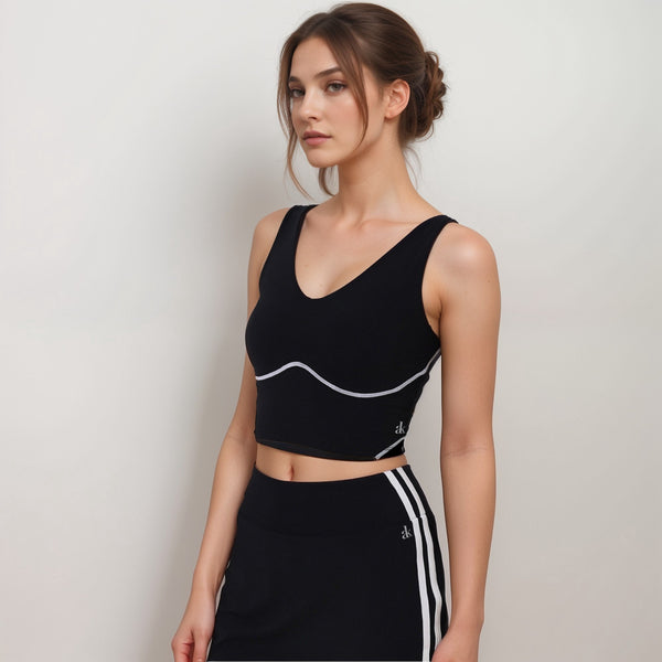 Anna Kaci Anna-Kaci Active Women's Seamless V-Neck Crop Top With Contour Stitching And Contrast Piping Detail