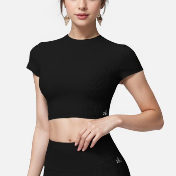 anna kaci Anna-Kaci Active Women's Short Sleeve Ribbed Crop Top with Crew Neck and Stretch Fabric