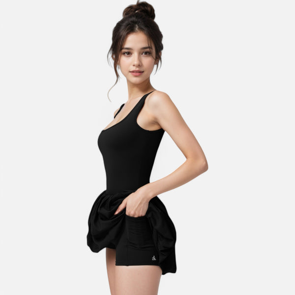 Anna Kaci Anna-Kaci Active Women's Sleeveless Fitted Bodysuit Dress With Bubble Hem Skirt And Scoop Neck