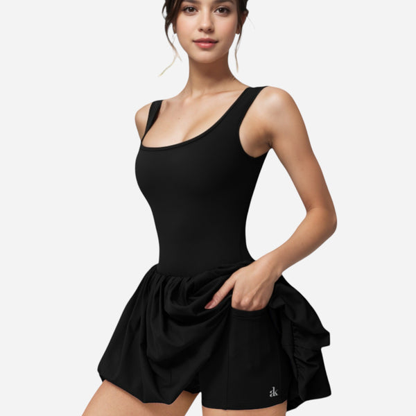 anna kaci Anna-Kaci Active Women's Sleeveless Fitted Bodysuit Dress with Bubble Hem Skirt and Scoop Neck