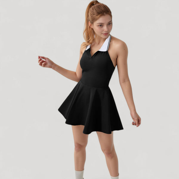 Anna Kaci Anna-Kaci Active Women's Sleeveless Tennis Dress With Contrast Polo Collar And Flared Skirt Design
