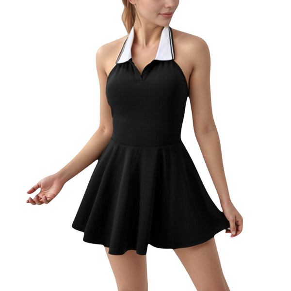 anna kaci Anna-Kaci Active Women's Sleeveless Tennis Dress with Contrast Polo Collar and Flared Skirt Design