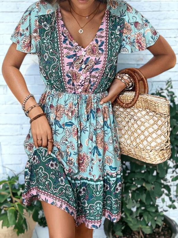 Anna Kaci Bohemian Style V-Neck Mini Dress