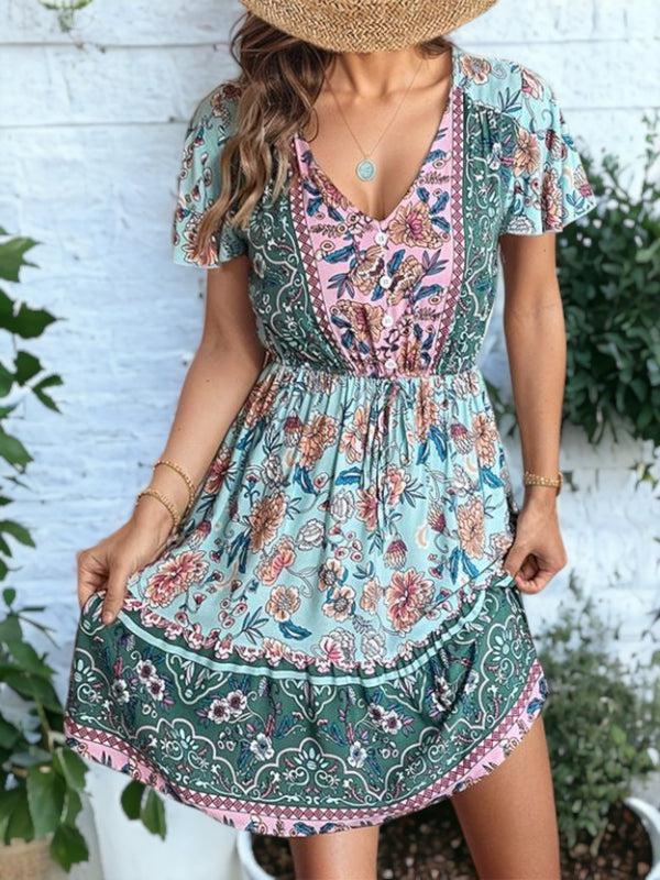 Anna Kaci Bohemian Style V-Neck Mini Dress
