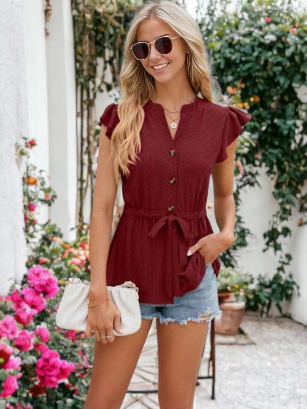 Anna Kaci Button Lace Loose T-shirt