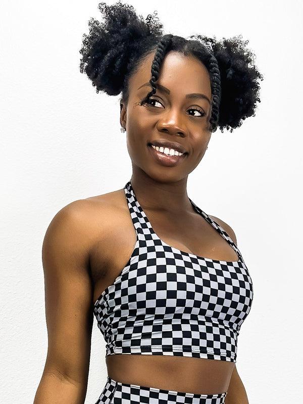Anna Kaci Checkered Longline Halter Sports Bra