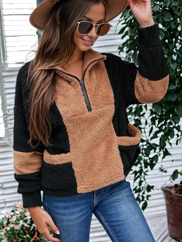 Anna Kaci Color Block Teddy Zip Up Sweater