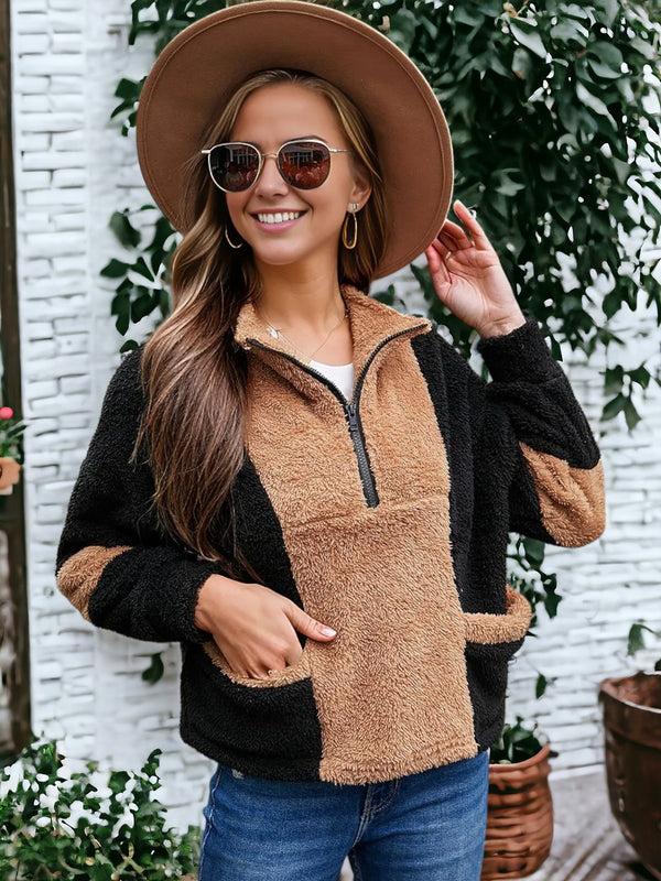 anna kaci Color Block Teddy Zip Up Sweater