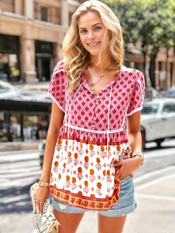 Anna Kaci Crochet Trim Floral Boho Blouse