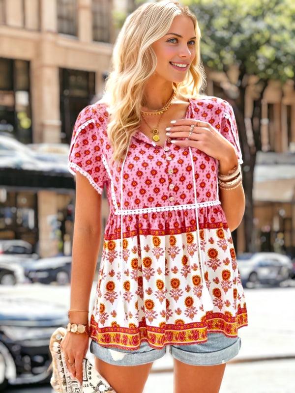 Anna Kaci Crochet Trim Floral Boho Blouse