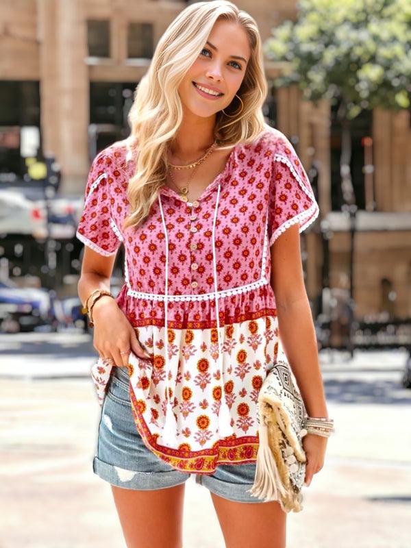 anna kaci Crochet Trim Floral Boho Blouse