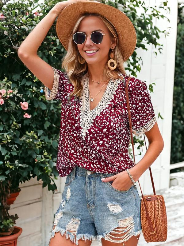 Anna Kaci Crochet Trim Floral Print Blouse