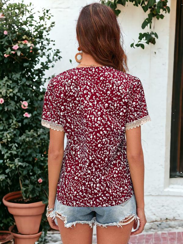 Anna Kaci Crochet Trim Floral Print Blouse