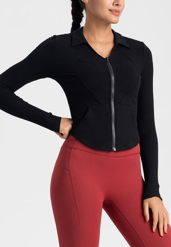 Anna Kaci Curved Hem Collared Activewear Jacket