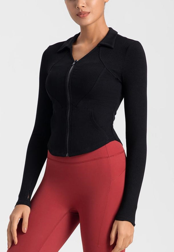 Anna Kaci Curved Hem Collared Activewear Jacket