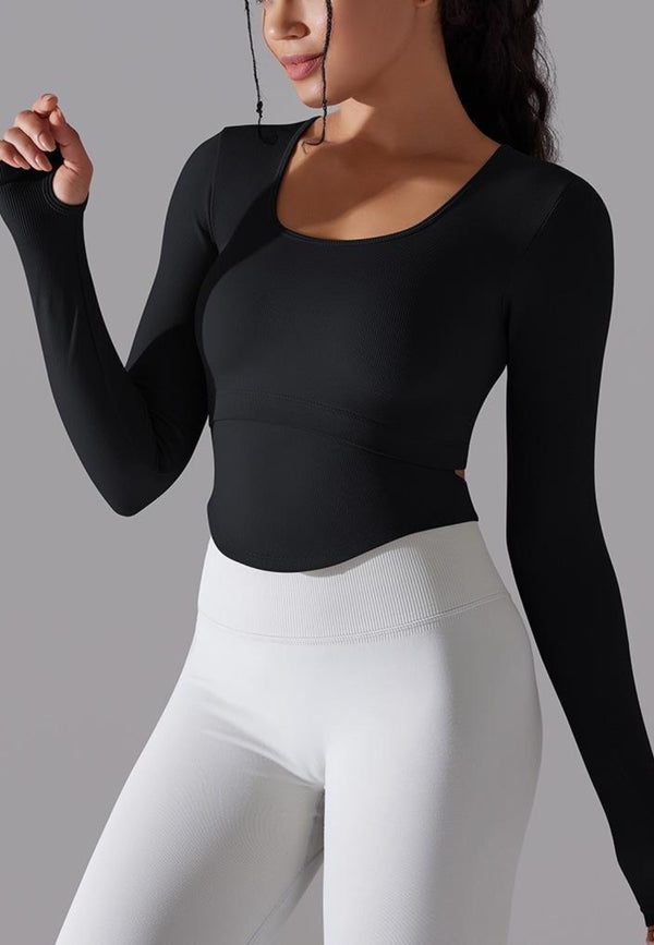 Anna Kaci Cutout Back Curved Hem Sports Top