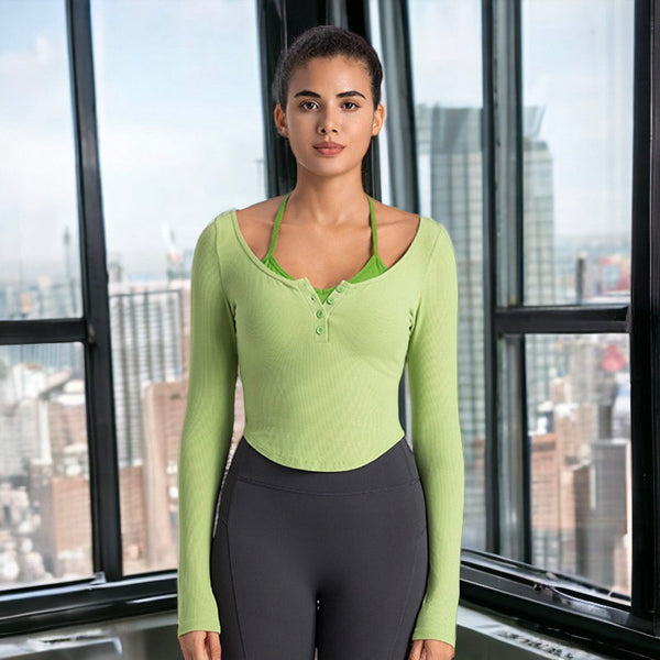 anna kaci Double Layer Henley Crop Top