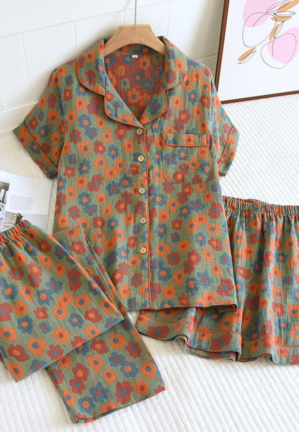 anna kaci Fall Floral Pajama Three Piece Set