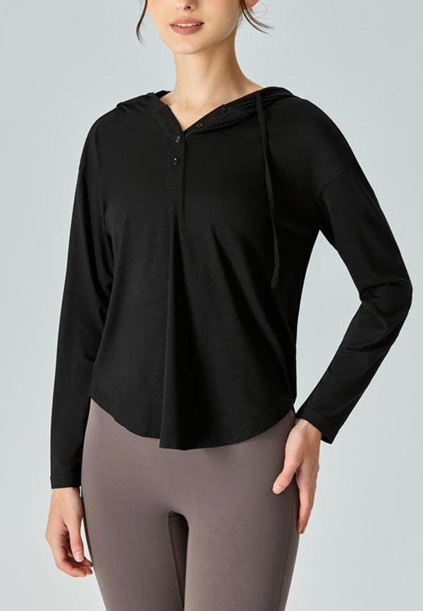 Anna Kaci Henley Button Drop Shoulder Hoodie