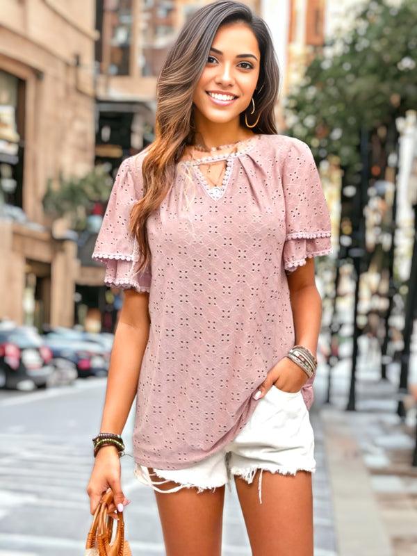 Anna Kaci Keyhole Neck Front Eyelet Blouse