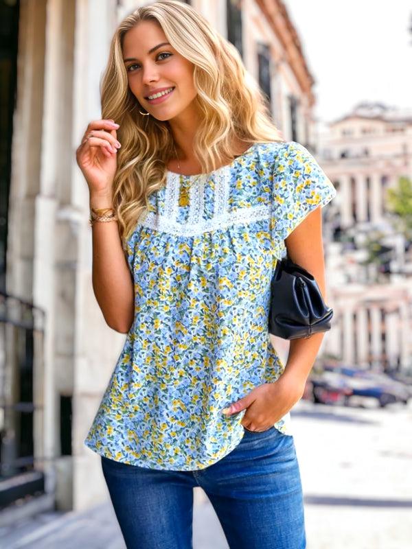 Anna Kaci Lace Detail Floral Print Blouse