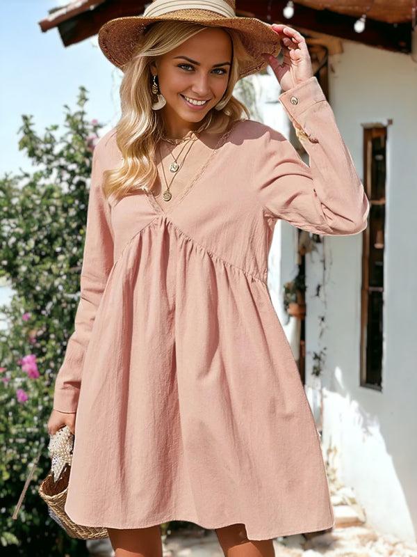 Anna Kaci Lace Trim V-Neck Tie Back Babydoll Dress