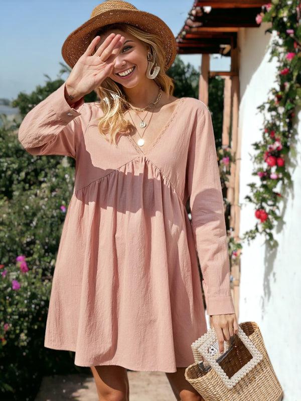 anna kaci Lace Trim V-Neck Tie Back Babydoll Dress