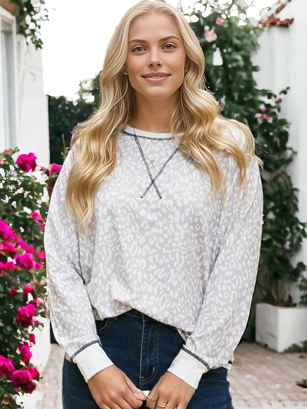 Anna Kaci Leopard Print Contrast Stitch Sweater