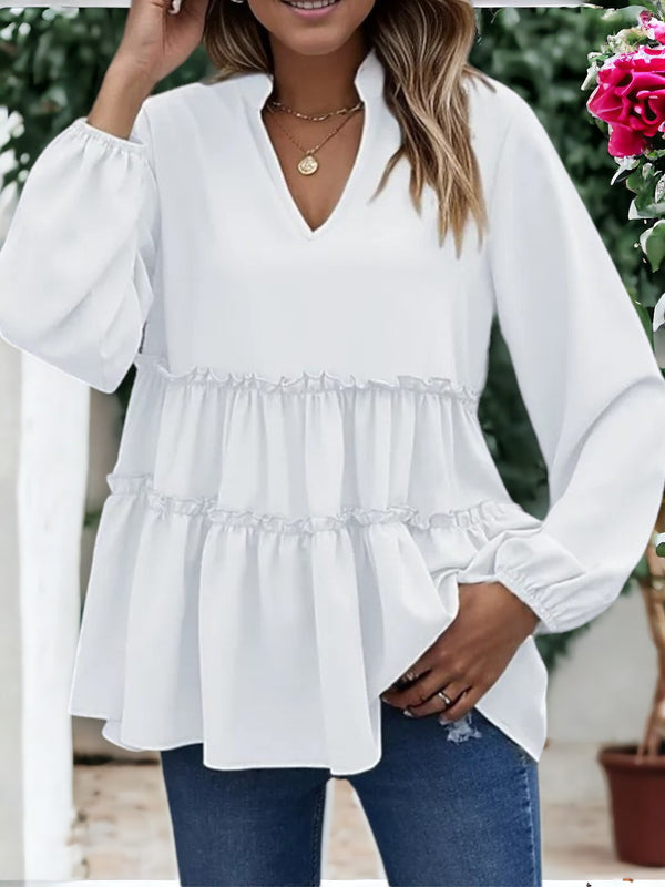 Anna Kaci Mandarin Collar Ruffle Hem Blouse