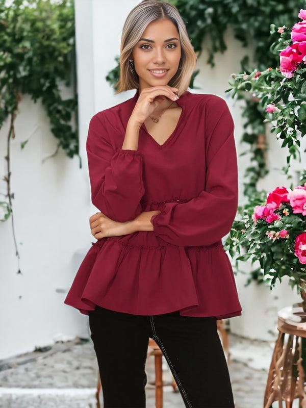 Anna Kaci Mandarin Collar Ruffle Hem Blouse