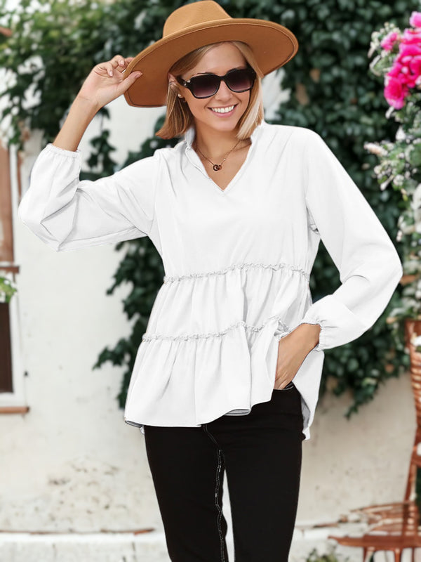 anna kaci Mandarin Collar Ruffle Hem Blouse