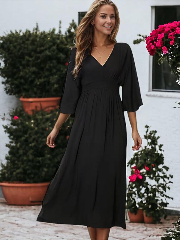 Anna Kaci Mid-Sleeve V-neck Slit Dress
