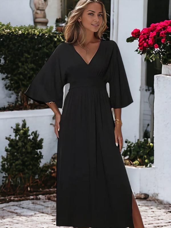 Anna Kaci Mid-Sleeve V-neck Slit Dress