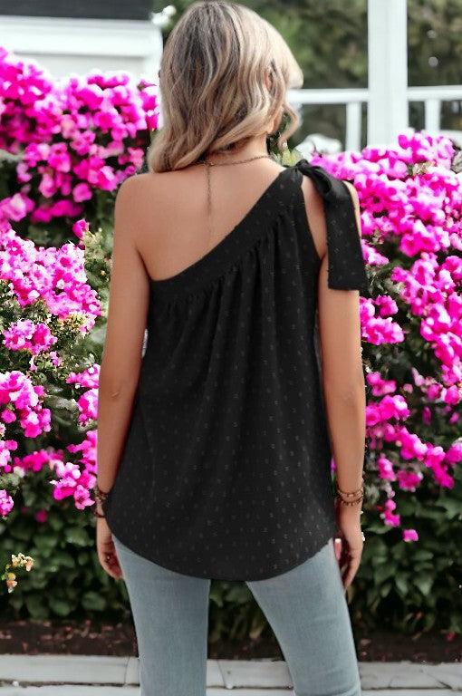 Anna Kaci Oblique One Shoulder Bow Tied Loose Top