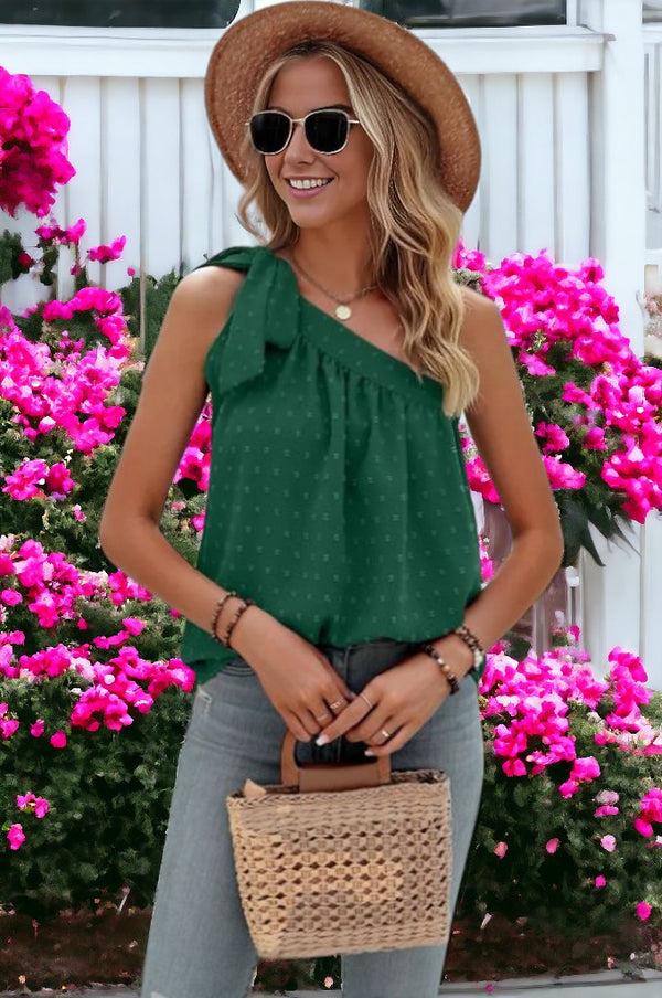 Anna Kaci Oblique One Shoulder Bow Tied Loose Top