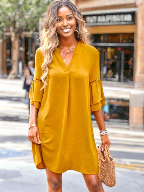 Anna Kaci Pleated V Neck Straight Dress